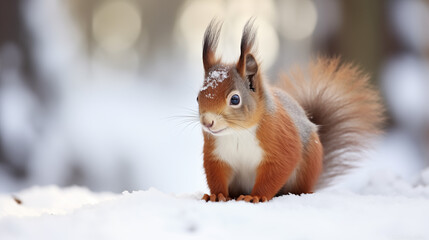 red squirrel sitting in the snow in winter