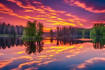 A vibrant sunset over a serene lake