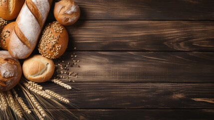 Fresh bread background with ears of wheat on the wooden rustic table.
