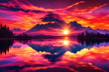 Obraz premium A vibrant sunset over a serene lake