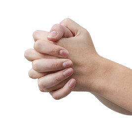 Young woman's hands clasped isolated