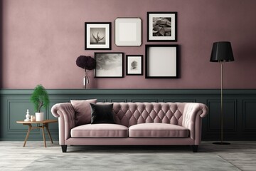 A beautiful wall featuring a mock-up picture frame in a cozy living room adorned with a luxurious sofa and lovely furniture. Generative AI