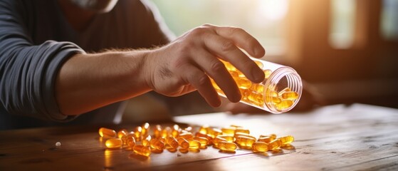 Close-up of male hands holding bottle with omega 3 fish oil capsules. Health Care. Healthy food concept. Omega 3. Isolated on a background with a copy space. - obrazy, fototapety, plakaty