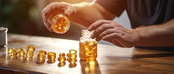 Close up of male hand taking vitamin pills from glass jar on wooden table. Health Care. Healthy food concept. Omega 3. Isolated on a background with a copy space. - obrazy, fototapety, plakaty