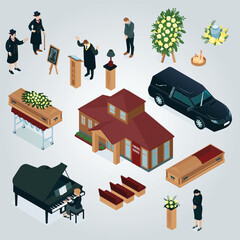 isometric set with building hearse coffin guests various elements funeral service isolated 3d vector illustration - obrazy, fototapety, plakaty