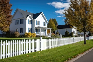 a house in the suburbs with a white picket fence