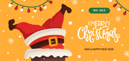 Merry Christmas and happy New Year Santa Claus character legs stuck in chimney Xmas holiday banner background. Greeting card, web poster template. Christmas vector illustration in flat cartoon style - 666472772