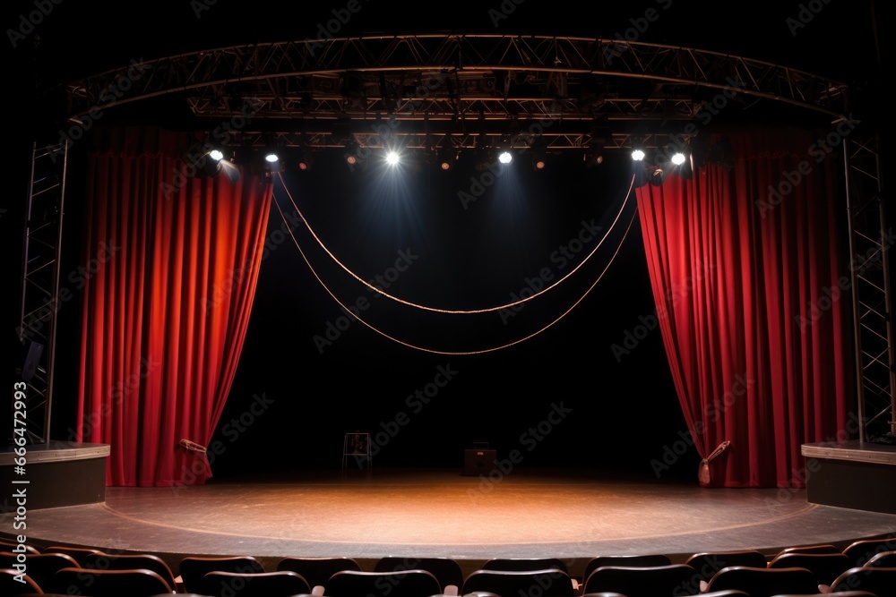 Wall mural a microphone hanging above an empty stage