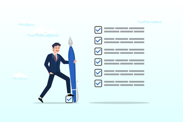 Businessman expert holding pen tick all completed task checkbox, getting things done, completed tasks or business accomplishment, finished checklist, achievement or project progression (Vector)