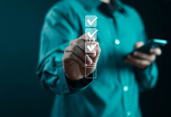 Businessman showing check mark summarizing job Compile lists, votes, and to-do lists. Checklists,...