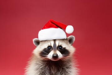 Christmas cute funny raccoon in red Santa hat - obrazy, fototapety, plakaty