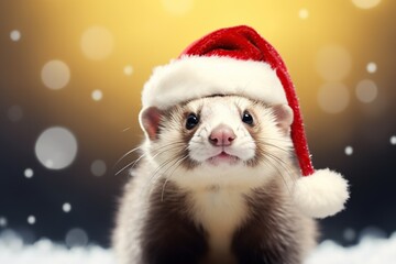 Fototapeta na wymiar Christmas funny baby ferret in red Santa hat