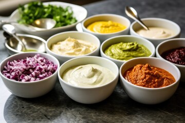 toppings and sauces used for shawarma in separate bowls