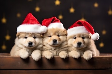 Fototapeta na wymiar Merry newborn canine in ruby Santa cap on Xmas