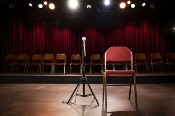 microphone on a stand in front of empty chairs