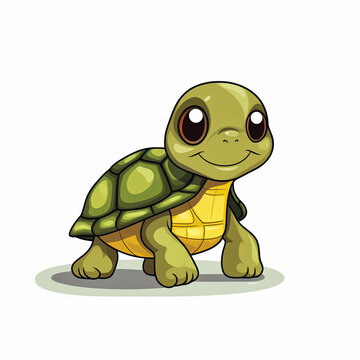 2d cute cartoon turtle animal, 2d cartoon with sharp outlines on White Background