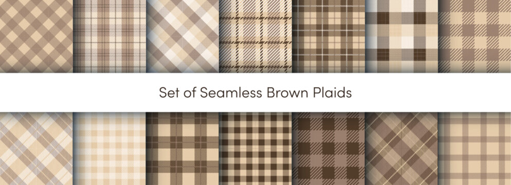 Autumn Plaid seamless pattens collection. Vector Checkered, Buffalo, Tartan brown and beige plaids textured backgrounds set. Traditional Fall fabric print. Seasonal plaid texture fashion print