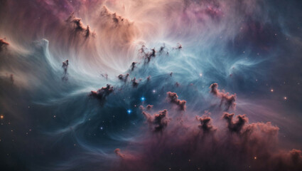 The ethereal dance of a nebula its gaseous plumes illuminated in soft hues cradling newborn stars 