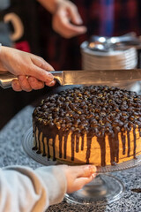 Appetizing homemade chocolate cake in the hands of a woman, close-up.