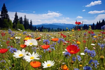 a spring meadow filled with vibrant wildflowers - obrazy, fototapety, plakaty
