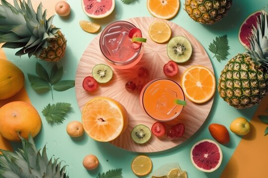 Simple summer themed flat lay with vibrant fruits and refreshing beverages. Generative AI