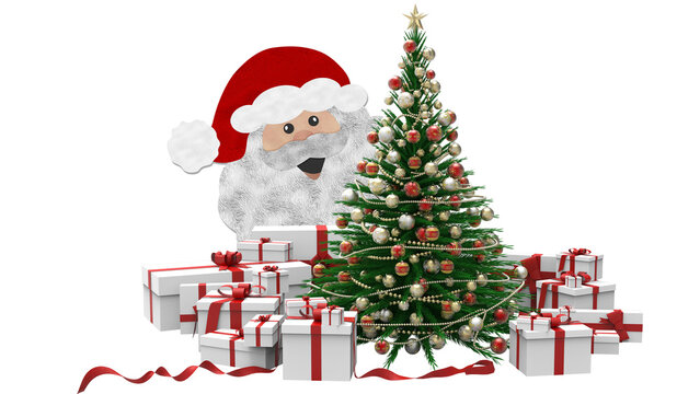 PNG. Trasparente. Illustrazione 3D. Natale. Babbo Natale, e decorazione natalizia. Spazio per testo per auguri, pubblicità, regali, di Natale e di capodanno.