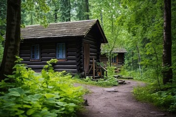 rustic wooden cabin exterior in a forest