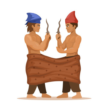Traditional Fighting Ritual With Sarong From Makassar, Indonesia Cartoon illustration Vector
