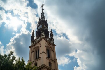 Fototapeta na wymiar Bell tower of a Gothic church enveloped by clouds. Generative AI