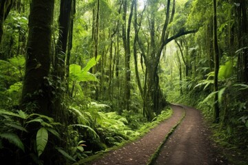 Obraz premium a forest path winding into a dense green canopy