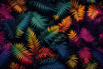 Tropical vivid vibrant color background with exotic painted tropical leaves