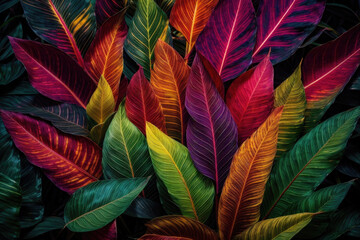 Tropical vivid vibrant color background with exotic painted tropical leaves