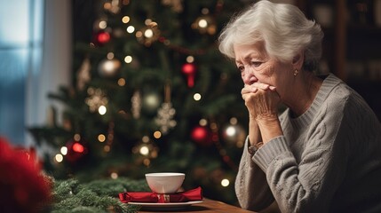 Lonely elderly woman Grandmother during Christmas missing loved ones. Scene of sadness, trauma and loss. - obrazy, fototapety, plakaty