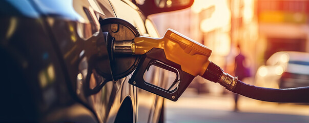 detail of gasoline fuel tank into car on gas station - obrazy, fototapety, plakaty