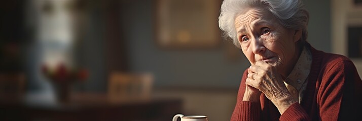 Lonely elderly woman Grandmother missing loved ones. Scene of sadness, trauma and loss. - 666476783