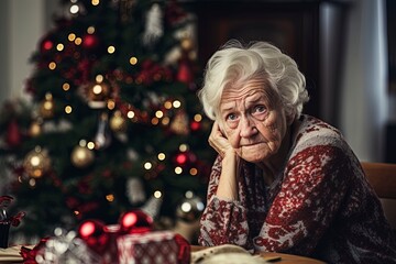Lonely elderly woman Grandmother during Christmas missing loved ones. Scene of sadness, trauma and loss. - obrazy, fototapety, plakaty