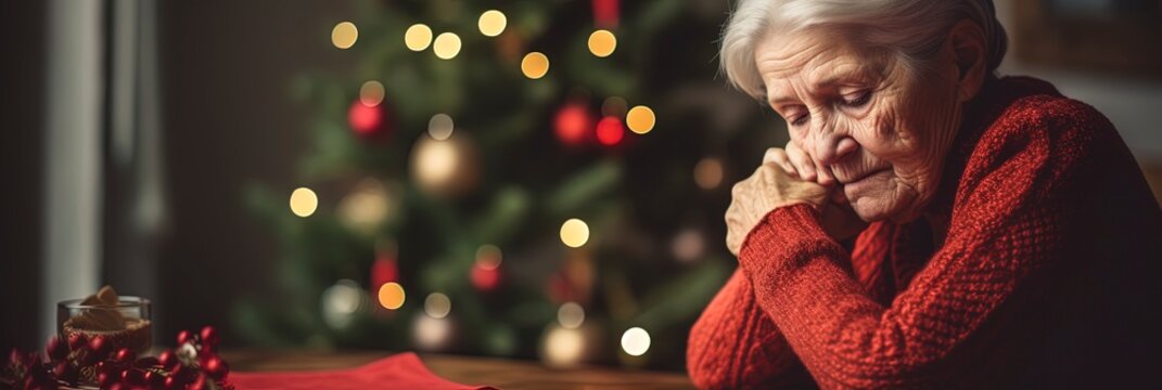 Lonely elderly woman Grandmother during Christmas missing loved ones. Scene of sadness, trauma and loss.