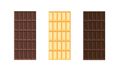 Dark, milk and white chocolate bar set. Unwrapped square pieces of different chocolate. Cocoa organic product 