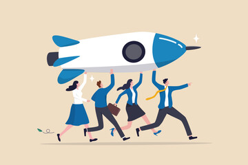 Entrepreneur or startup company, teamwork help develop to launch new project, initiative or opportunity to growth, leadership or cooperation concept, business people team help carry rocket to launch.