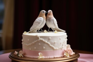 a pair of dove figurines atop a wedding cake