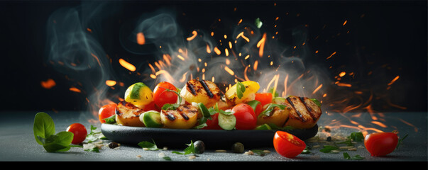 Obraz na płótnie Canvas Vegetable on grill. Flying peaces of vegetables