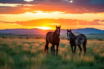 Obraz na płótnie Canvas wild horses grazing in a meadow at sunrise