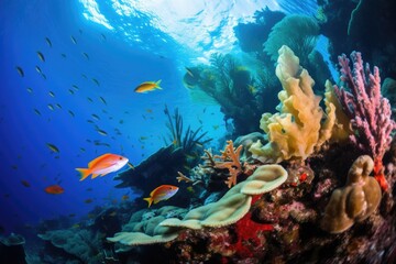 vibrantly colored coral and fish in a clear, submarine scene