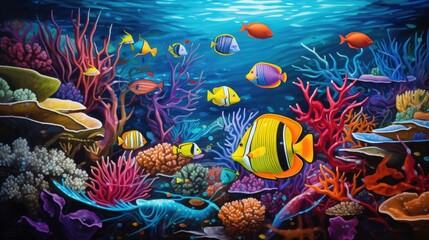Fototapeta na wymiar Sea turtle swimming in the ocean among colorful coral reef. Underwater world. Generetive ai