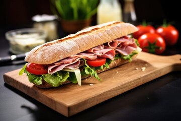 a baguette sandwich with ham and lettuce - obrazy, fototapety, plakaty