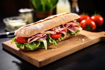 Fotobehang a baguette sandwich with ham and lettuce © Alfazet Chronicles