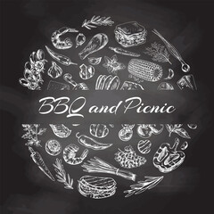 Vintage set of hand drawn monochrome  barbecue and picnic icons on chalkboard background. Elements in circle. For the design of the menu of restaurants and cafes, grilled food. - obrazy, fototapety, plakaty