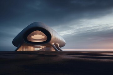 AI-generated illustration of a white building situated in the middle of a vast desert landscape - obrazy, fototapety, plakaty