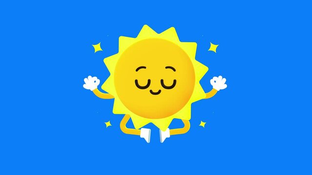 Cute sun with smile icon on blue background. Funny smiling sun. Happy peaceful sunny smile. 4K Video.