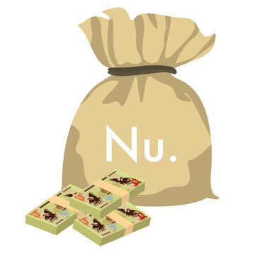 Bhutanese Ngultrum Vector Illustration. Bhutan money set bundle banknotes. Money bag 5 BTN. Flat style. Isolated on white background. Simple minimal design.